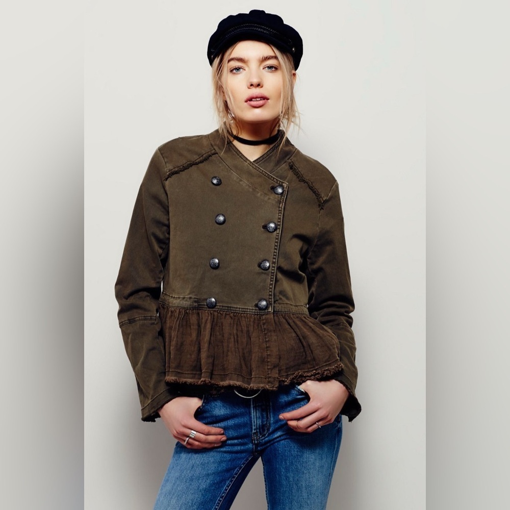 New Free People Flared Ruffle Hem Military Button Jacket Olive Army Green - Picture 7 of 13
